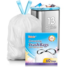 Teivio 13 Gallon 60 Counts Strong Tall Kitchen Drawstring Trash Bags, Medium Plastic Garbage Bags for Home Kitchen Garden Office Tall Trash Can, White Waste Bin Liners