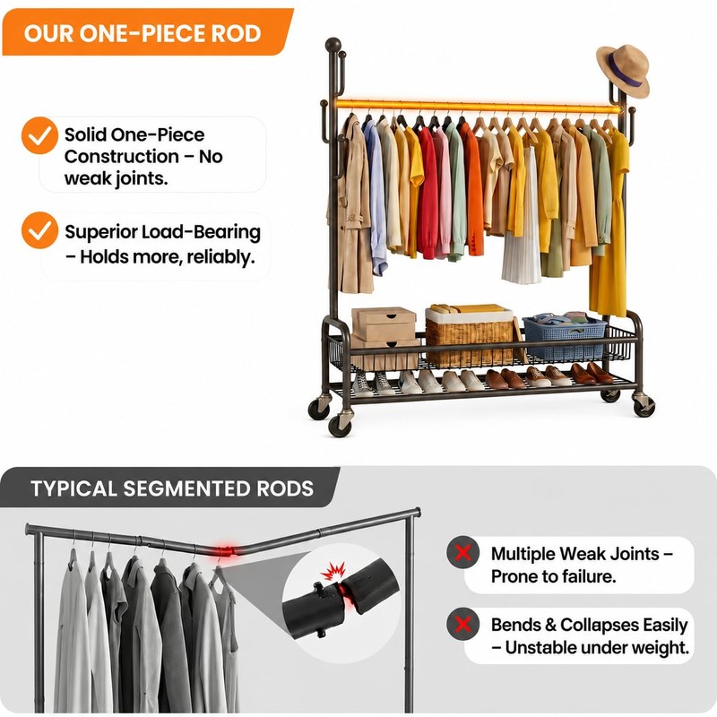 ANJIYP Rolling Clothes Drying Rack with Lockable Wheels, Heavy Duty