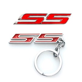 SS Letter Grille Fender Lid Trunk Emblem Badge Plus SS keychian for Chevy Camaro Impala 2010-2015 (Red)