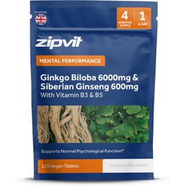 Ginkgo Biloba 6000mg & Siberian Ginseng 600mg with Vitamins B3 & B5 | Vegan Tablets for Focus, Energy, & Mental Performance | 4-Month Supply (120 Tablets) by Zipvit
