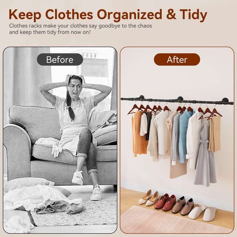 IBUYKE Industrial Pipe Clothes Rack, 61.4 Inch Wall Mounted Clothing