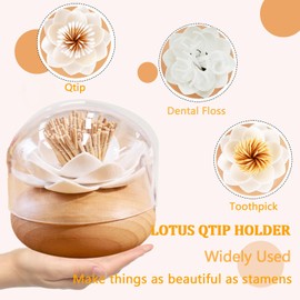 2-In-1 Lotus Toothpick Holders Q-Tip Holder Wood Toothpick Dispenser Qtip Holder, Tooth Picks Wooden Holders Black Decorative for Kitchen Bathroom Accessories Cute Gifts -with 80 Toothpick (White)