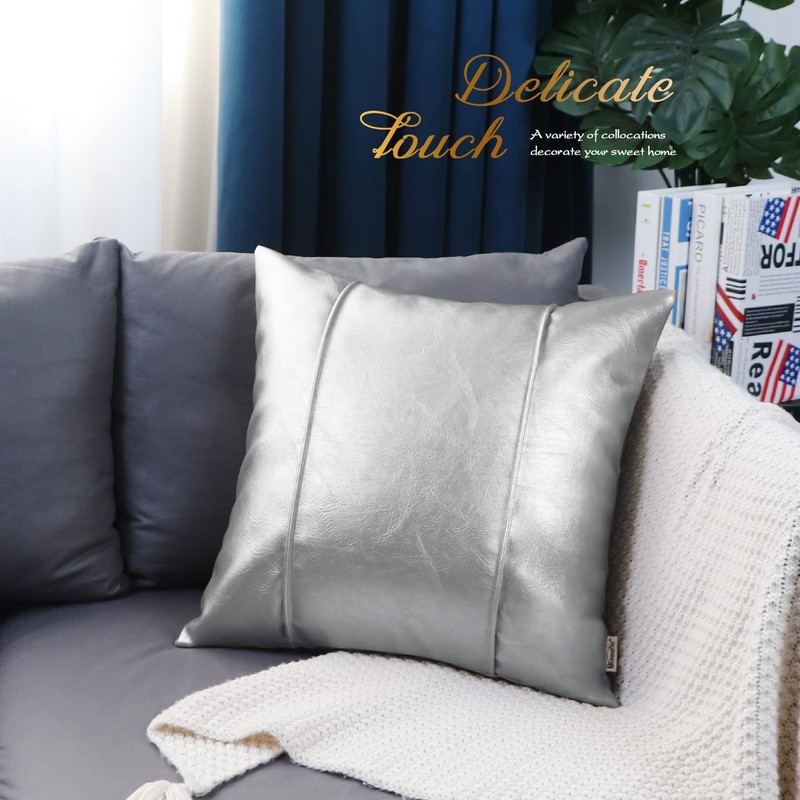 BRAWARM Silver Leather Throw Pillow Covers 18 X 18 Inches
