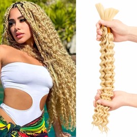 Deep Wave Bulk Braiding Hair Extensions-20 Inches 4 Bundles White Blonde Synthetic Curly Hair Bundle for Braiding,No Weft Braids for Human（20"-4 Bundles,613#）
