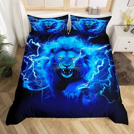 Manfei Lion Duvet Cover Set Full Size Blue Lightning Lion Print Bedding Set 3pcs for Kids Boys Teens Wild Animal Theme Comforter Cover African Wildlife Bedspread Cover with 2 Pillowcases,No Comforter