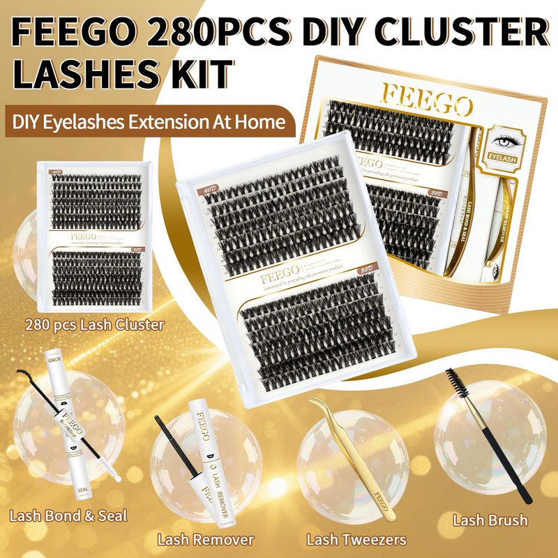 FEEGO Fluffy Eyelash Extensions Kit With Cluster Lashes, Eyelashes Extensions