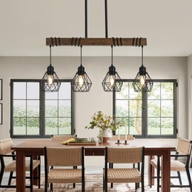 4-Light Kitchen Chandeliers Over Table, Farmhouse Black Dining Room Light Fixture, Linear Rustic Wood Ceiling Pendant Island Light Fixtures with Metal Lampshade