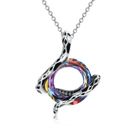 Snake Necklace 925 Sterling Silver Animal Pendant with Rainbow Color Circle Crystal from Austria, Snake Jewelry Collection for Women Her