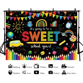 MEHOFOND 7x5ft Back to School Backdrop It's Going to Be a Sweet School Year Photography Background Black First Day of Preschool Classroom Decor Students Welcome to Kindergarten Banner Photo Props