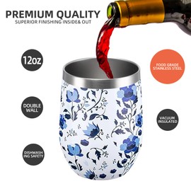 12 oz Insulated Wine Tumbler with Lid and Straw,Stainless Steel Stemless Wine Tumbler Glasses Double Wall Vacuum Wine Cups Tumbler Bulk for Coffee,Cocktail,Office (Blue and White Porcelain,8)
