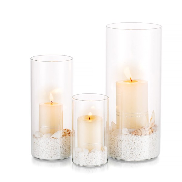 Glasseam Hurricane Candle Holder Set of 3, Glass Cylinder Candle Holders for Pillar Candles, Clear Cylinder Vases for Centerpieces Modern Floating Candle Vase for Flowers Wedding, 4''+ 6''+ 7.8''
