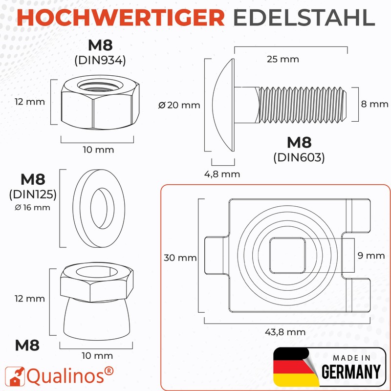 Qualinos 10x High-Quality Corner Connectors, Longitudinal Connectors for Double Rod
