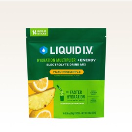 Liquid I.V. Hydration Multiplier +Energy - Yuzu Pineapple - Hydration Powder Packets | Electrolyte Powder Drink Mix | Convenient Single-Serving Sticks | Includes Approx. 100mg of Natural Caffeine | 1 Pack (14 Servings)