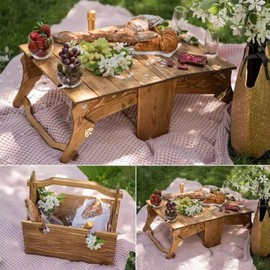 Zjyufy 2 in 1 Folding Wooden Picnic Basket Table Outdoor Portable Vintage Picnic Table Foldable Picnic Table with Glass Holder Fruit Snack Tray