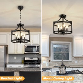 LynPon Black Farmhouse Chandelier 4 Lights, Modern Hanging Pendant Light Convertible Semi Flush Mount Ceiling Light Rustic Metal Round Cage Chandeliers for Dining Room Entryway Foyer Kitchen