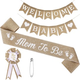 Yinder Neutral Burlap Mom to Be Sash Dad to Be Pin Baby Shower Decorations, Rustic Boho Welcome Baby Banner for Pregnant Mommy Gift Baby Shower Gender Reveal Party Decorations