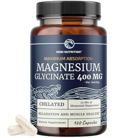 Nobi Nutrition Glicinato de magnesio 400 mg  Fórmula de alta absorción para dormir, calmar, relajar los músculos y fortalecer el corazón, los huesos  