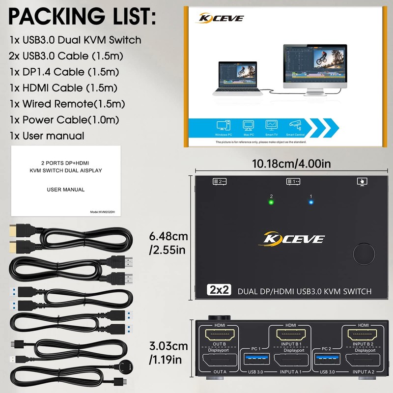 USB 3.0 Dual Monitor KVM Switch HDMI+Displayport 4K@60Hz,2K@120Hz,Camgeet 2 Monitors