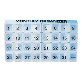 Organizador de pastillas mensual | 31 compartimentos, 1 por día, 4 semanas, organizador de pastillas completo de 31 días | Incluye bandeja y 8 compartimentos extraíbles