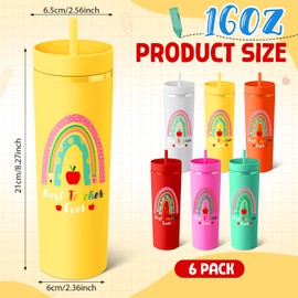 Willinglong 6 Pcs Back to School Teacher Gifts Teacher Appreciation Cups Bulk Thanks Gifts for Teachers 16 oz Plastic Skinny Tumblers with Lid Straw for First Day of School (6 Colors)