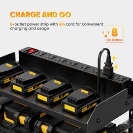 POKIPO Power Tool Organizer Wall Mount with Charging Station,Tool Storage Rack with 8 Outlet Power Strip,Heavy Duty Metal Battery Utility Rack with 4 Cordless Drill Holder 6.56 Ft Cord for Garage