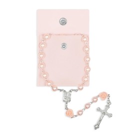 Yamobi Catholic Rosary Necklace, Communion Rosary with Retro Cross, Velvet Gift Bag Cross, Christening Communion Wedding Communion, Religious Prayer Jewellery (Pink)