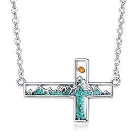 Zhi Kexin Mustard Seed Mountain Necklace for Women 925 Sterling Silver Sideways Cross Turquoise Mountains Pendant Christian Faith Jewelry Inspirational Gifts