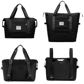 FIORETTO Womens Expandable Gym Tote Bag Duffle Bag with Wet Pocket, Travel Bag Weekend Overnight Bags with Double Shoulder Strap, Water-resistant Carry On Bag Hospital Holdalls for Women Black