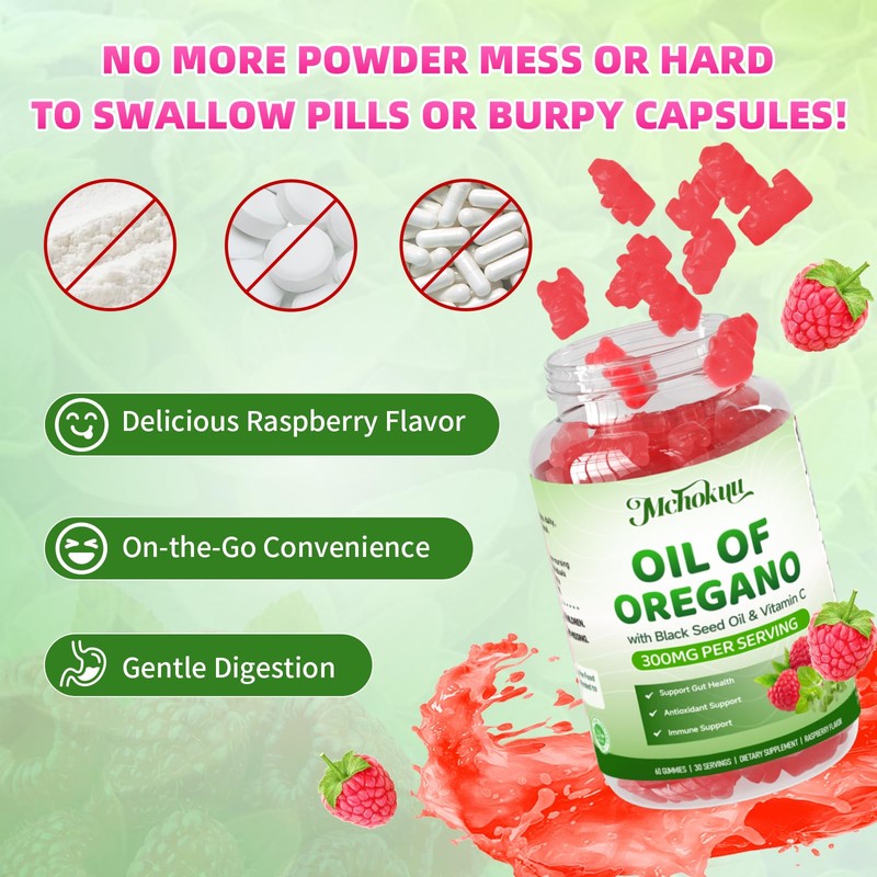 Mchokuu Oil of Oregano with Black Seed Oil Gummies, Raspberry,