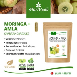 Moringa + Amla Capsules 600 mg - Immune System and Energy - 2 Month Supply - Moringa Oleifera Leaf Powder and Amla Powder with Natural Vitamin C - Vegan and Gluten-Free - 120 Caps of MoriVeda