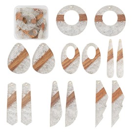 FASHEWELRY 14Pcs Resin Wood Earring Charms - Silver Foil Wooden Earring Blanks - Geometry Boho Charms - Round & Teardrop Pieces for Jewelry Making