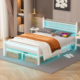 Gohapnis Full Size Bed Frame with Headboard and Footboard,White Metal Platform Bed Frames with LED Lights and USB Charging Station,Heavy Duty Metal Slats,No Box Spring Needed,Sturdy&Noise Free