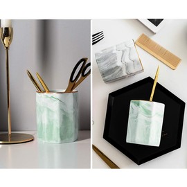 WAVEYU Pencil Holder, Pencil Cup for Desk, Makeup Brush Holder Cup, Cute Pencil Stand Marble Decorative for Kids Durable Ceramic Desk Organizer for Office, Classroom, Home, Green Marble