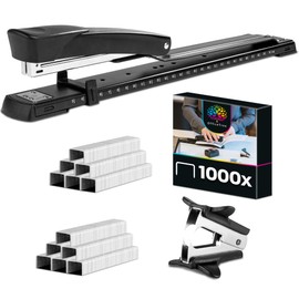 OfficeTree Long Sleeve Stapler - Stapler with 1 Stapler & 1000 Stapler Needles - Long Sleeve Stapler Ideal for Brochures - Large Stapler Long Sleeve Stapler for DIN A3 Paper - Black Stapler with Paper