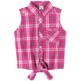 Noomelfish Girls Plaid Sleeveless Button Down Shirt Tie Knot Blouse Tank Tops, Plaid Rose, Size 7-8 Years