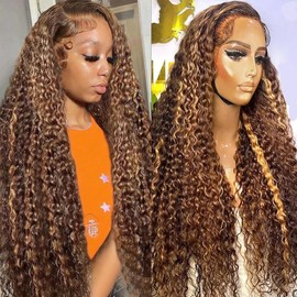 Highlight Lace Front Wig Human Hair 13x4 Deep Wave Wig Brazilian Ombre Honey Blonde Color Wig Human Hair Pre Plucked with Baby Hair Wet and Wavy Deep Curly Wigs for Black Women 180% Density (26 Inch)