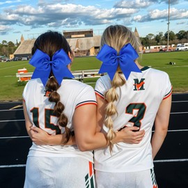 CN 2pcs Cheer Bows for Cheerleaders, Blue Cheerleading Hair Bows for Girls Women with Elastic Ponytail Holders for Softball Competition Sports Hair Accessories