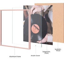 eletecpro 12.5x12.5 Aluminum Record Frame with Acrylic Cover Display 12 Inch LP Covers, Sleek Vinyl Record Display for Music Album for Wall Hanging, Modern Metal Vinyl Holder for Home Decor, Rose Gold