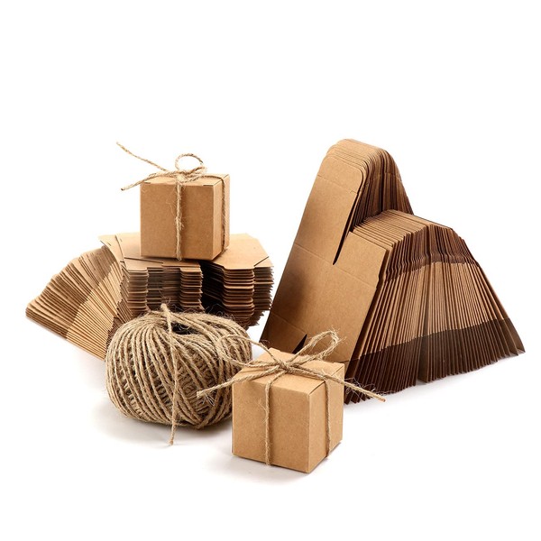 surebuy 100pcs Square Small Kraft Brown Paper Box with Hemp Rope for Vintage Birthday Party Supplies Gift Wedding Favours 5x5x5cm