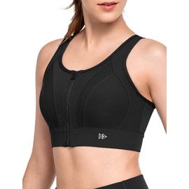 Yvette Zip Front Sports Bras for Women High Impact Full Support Plus Size Bras, Black, 3XL+