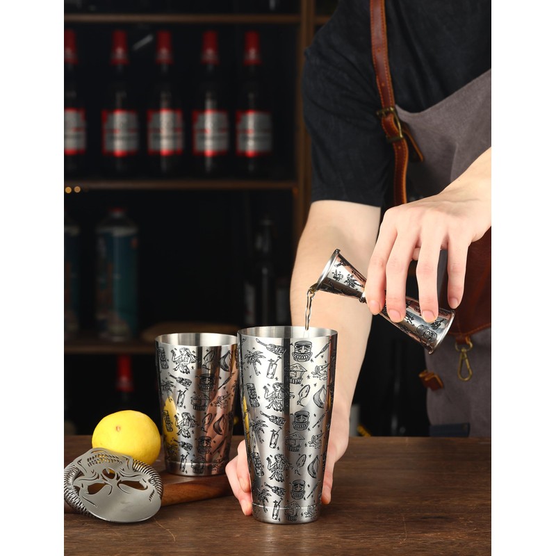 Weighted Boston Shaker Cocktail Shaker Etched with Tiki Imagery (Tiki