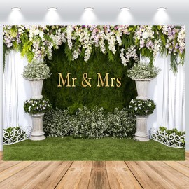 ASDCXZ Mr&Mrs Flower Wall Background 3 x 2.5 m, Colourful Flowers Green Grass Wall Photo Wall Background, Vinyl Photo Box Background for Wedding, Birthday, Bridal Shower Party, Portrait Photo Studios