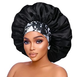 Silk Satin Bonnet Hair Cap: 2pcs 17inch Diameter Extra Large Jumbo Sleeping Satin Bonnets with Comfortable Flower Band - High Density Satin Bonnets for Women Braids Curly Night Cap（Black & Coffee）