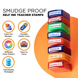 Tickselect Teacher Stamps for Classroom Grading 8PCS- Self Inking Stamps for Teachers with Different Messages for Parent Signature School Teachers Homework Reward with Storage Tray