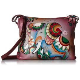 Anna by Anuschka Hand Painted Leather Women's Slim Medium Crossbody Anna by Anuschka Hand Painted Ladies Shoulder Bag Slim Medium, retro elephant