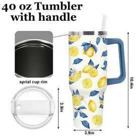 FYSUIMU Lemon Tumbler with Handle 40oz Blue Chinoiserie Yellow Lemon Tumbler with Lid Straw Summer Stainless Steel Cup for Home Office Travel