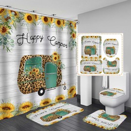 Jayden Madge 4PCS Happy Camper Shower Curtain Set, Country Yellow Sunflower Floral Botanical Leopard Print Travel Trailer RV Camping Rustic Farmhouse Bathroom Decor, Non-Slip Bath Mat, Cheetah Print