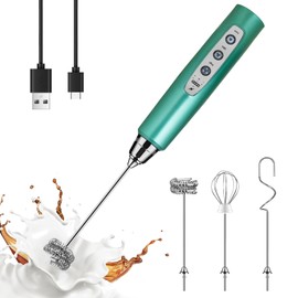 YUSWKO Green Handheld Milk Frother Wand for Coffee, Rechargeable Electric Whisk with 3 Heads 3 Speeds Drink Mixer Coffee Frother For Latte, Cappuccino, Hot Chocolate, Egg