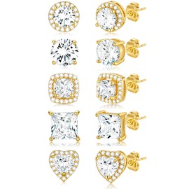 Wrlcorly 5 Pairs Cubic Zirconia Stud Earrings for Women Men 18K Gold Plated Halo Iced Out Stud Earring CZ Round Square Heart Simulated Diamond Stainless Steel Earrings Jewelry Set