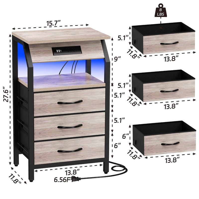 End Table with 3 Drawers, Night Stand with Charger Station